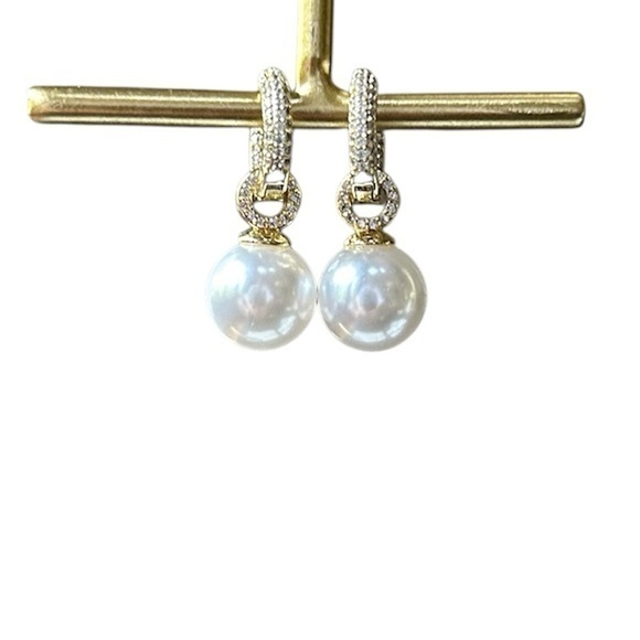 New .925 18k Gold Embellished Round Pearl Drop Hoop Earrings